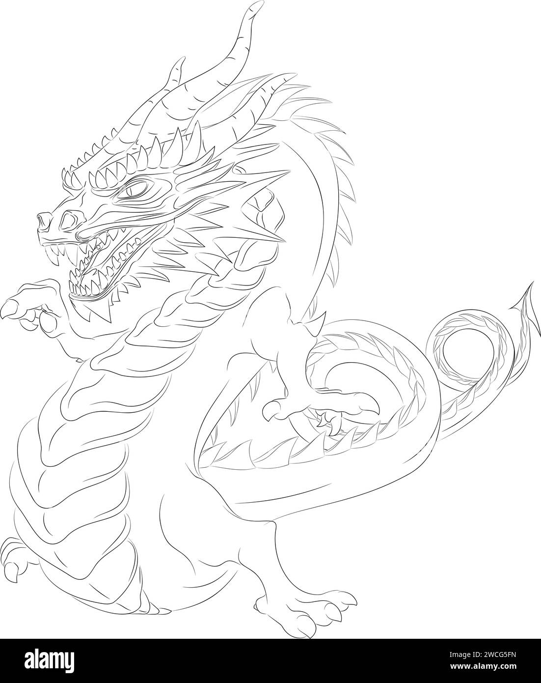Arte in linea di drago danzante senza ali illustrazione vettoriale di un drago di legno verde danzante asiatico che punta con il dito della zampa destra. Drago cinese Illustrazione Vettoriale