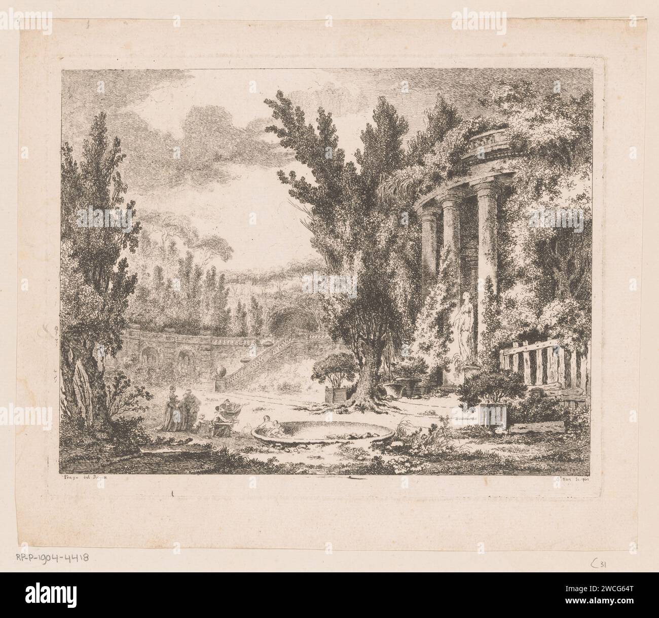 Vista del parco con edifici classici, Richard de Saint-non, dopo Jean Honoré Fragonard, parco di incisioni su carta stampata del 1761. rovina di un edificio  architettura. Artista al lavoro, nel suo laboratorio - BB - fuori dalle porte Foto Stock