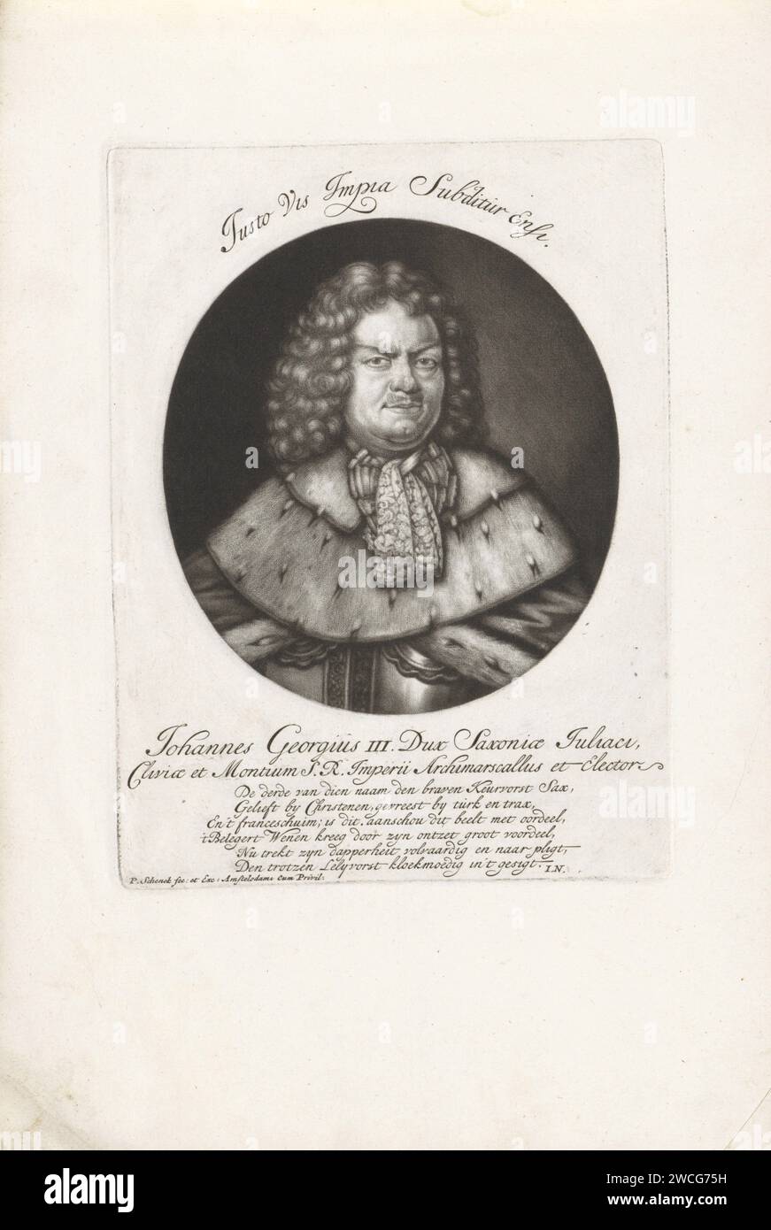 Ritratto di Johan Georg III van Saksen, Pieter Schenk (i), 1690 - 1713 stampa Johan Georg III, Elettore di Sassonia. Indossa un'imbracatura con un colletto in pizzo. Cablaggio di carta Amsterdam Foto Stock