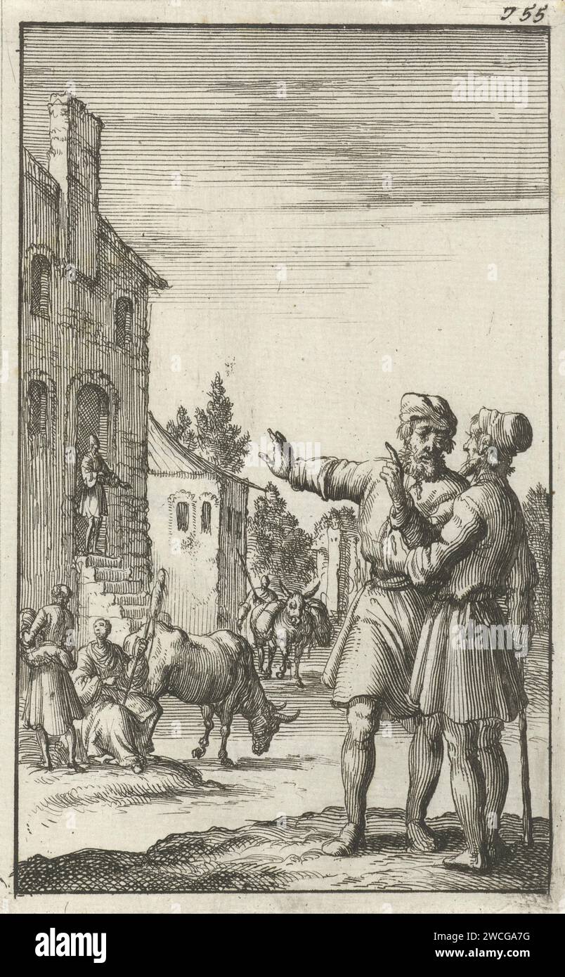 Non sarete ingiustamente desiderabili di ciò che il vostro vicino appartiene: Il decimo comandamento, Jan Luyken, 1685 stampa due uomini in conversazione puntano ad una casa sullo sfondo. Numerato in alto a destra: 755. Magistratura dell'incisione della carta di Amsterdam, giudici. indice in avanti, puntato, indicante. architettura civica; edifici; abitazioni. 'non vorrai mica'  rappresentazione separata del decimo dei dieci comandamenti. vicino Foto Stock