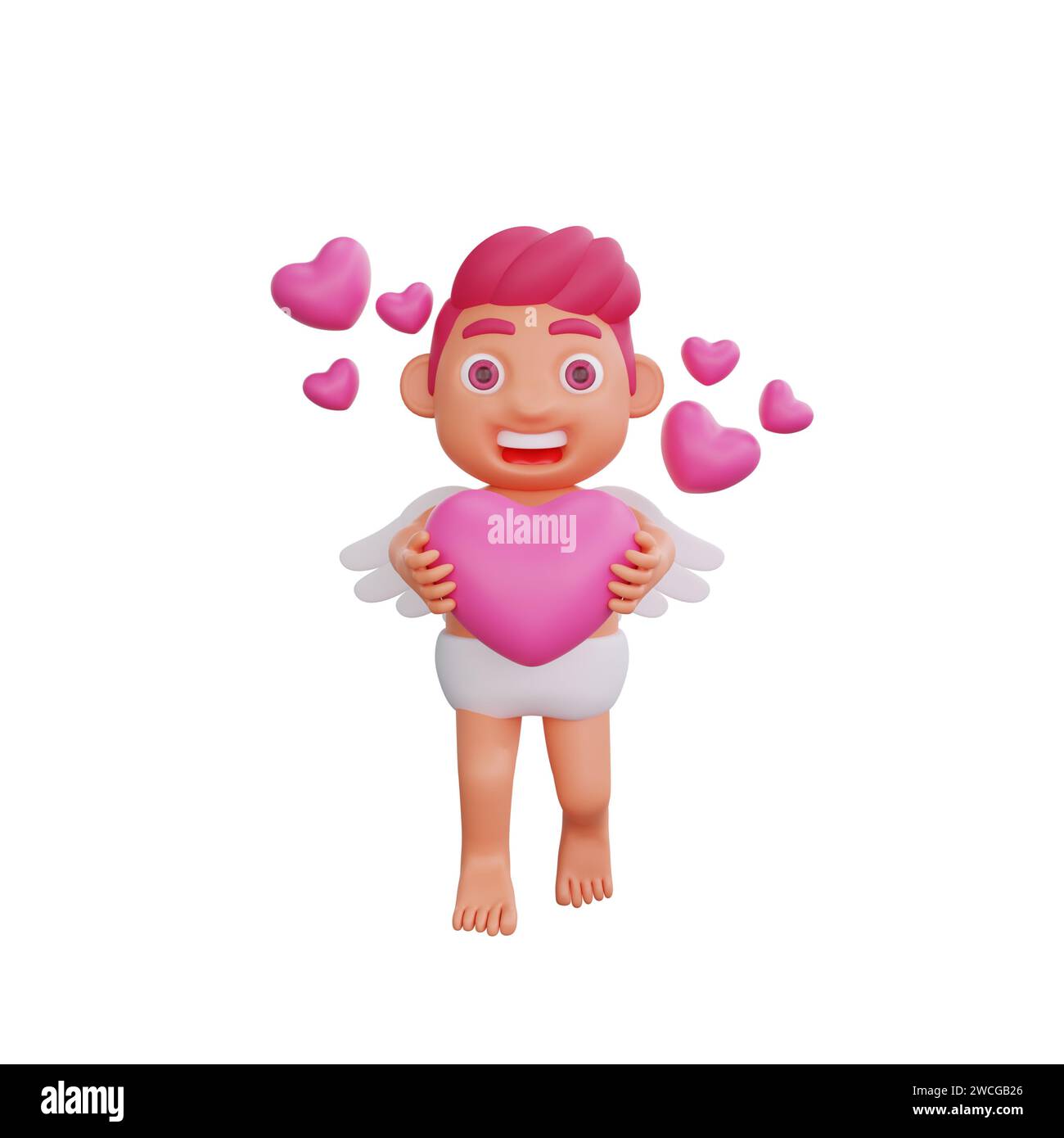 Illustrazione 3D del personaggio di San Valentino Cupido che tiene un cuore, circondato da cuori fluttuanti, che esprimono amore e affetto, perfetto per San Valentino o San Valentino Foto Stock