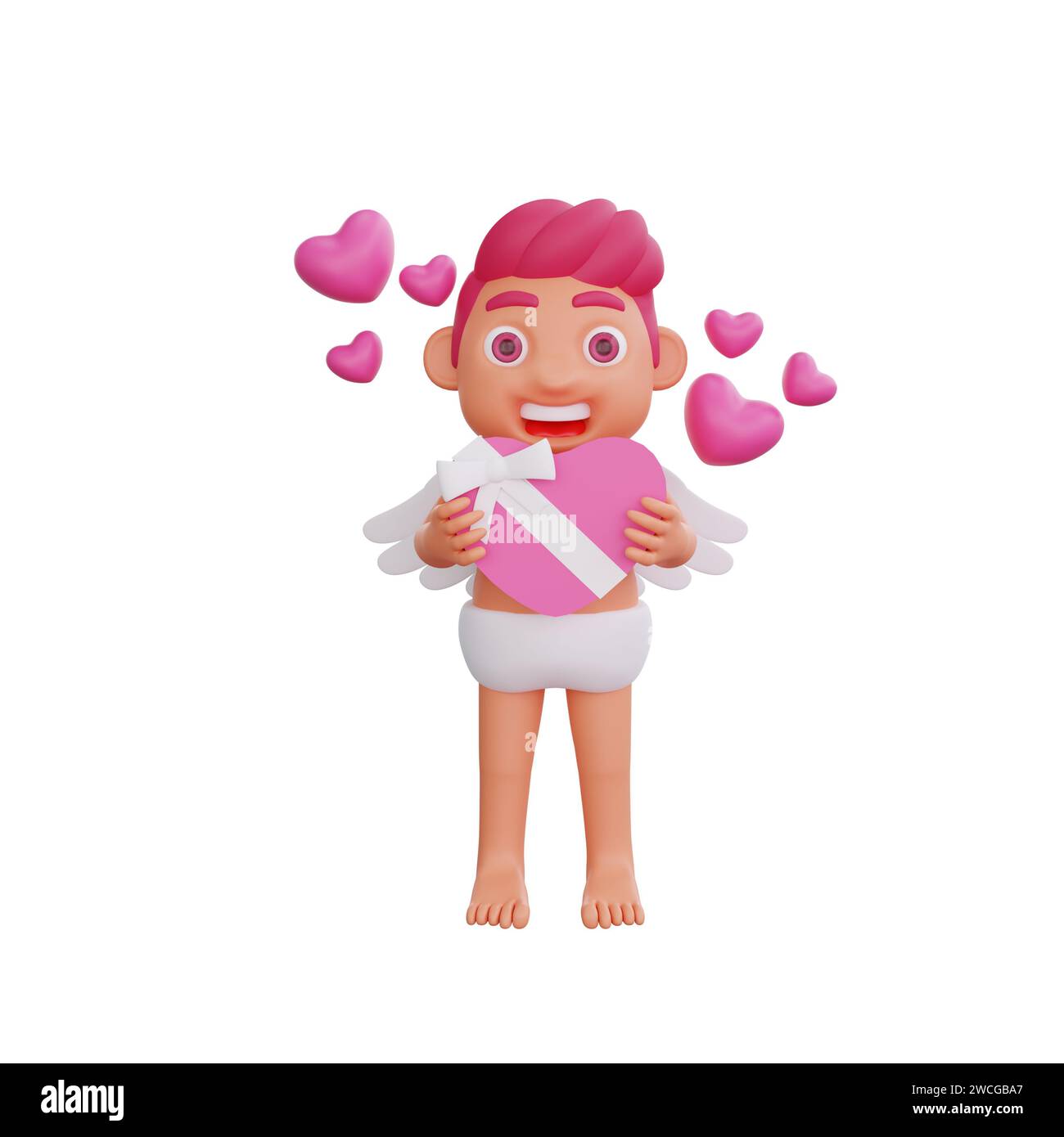 Illustrazione 3D del personaggio di San Valentino Cupido. Esprimi gioia tenendo in mano una scatola di cioccolatini circondati da cuori fluttuanti, perfetti per San Valentino Foto Stock