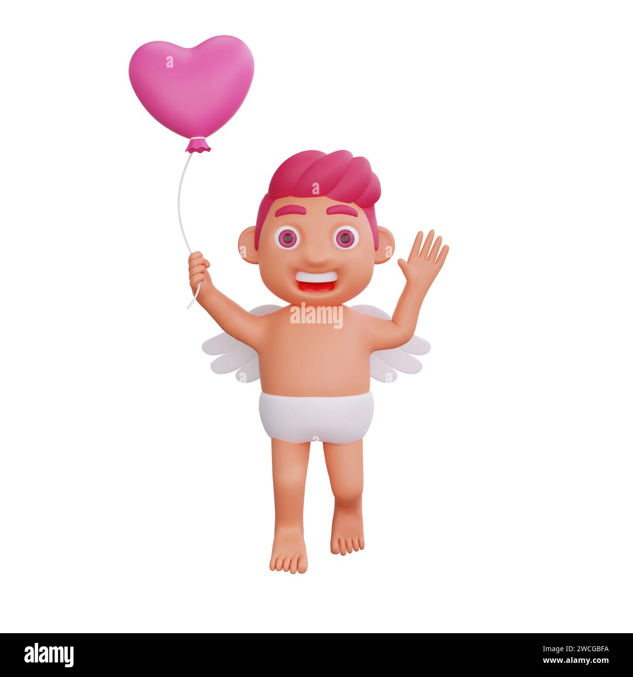 L'illustrazione 3D del personaggio di San Valentino Cupido regge con gioia un palloncino a forma di cuore, perfetto per San Valentino o per i progetti a tema Foto Stock