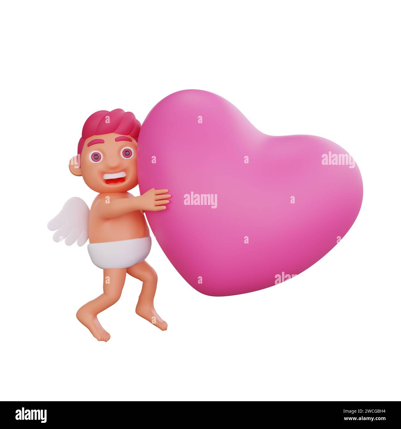 Illustrazione in 3D del personaggio di San Valentino Cupido che abbraccia un cuore rosa vibrante, simboleggia amore e affetto, perfetto per San Valentino o projec a tema amoroso Foto Stock