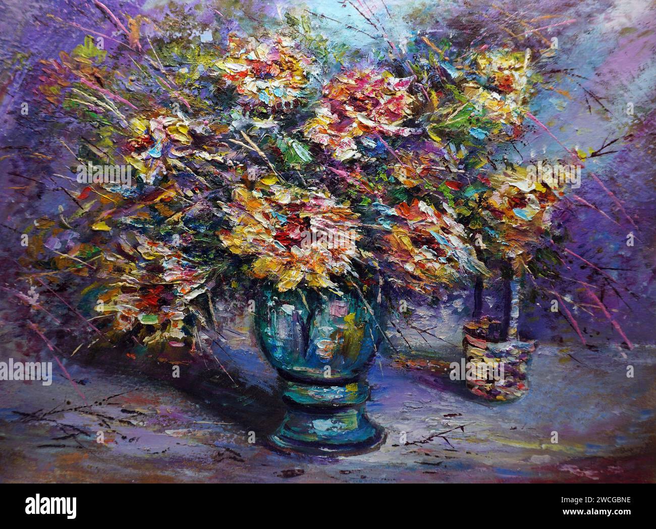 Pittura d'arte originale fiore di petali di colore olio in vaso Foto Stock