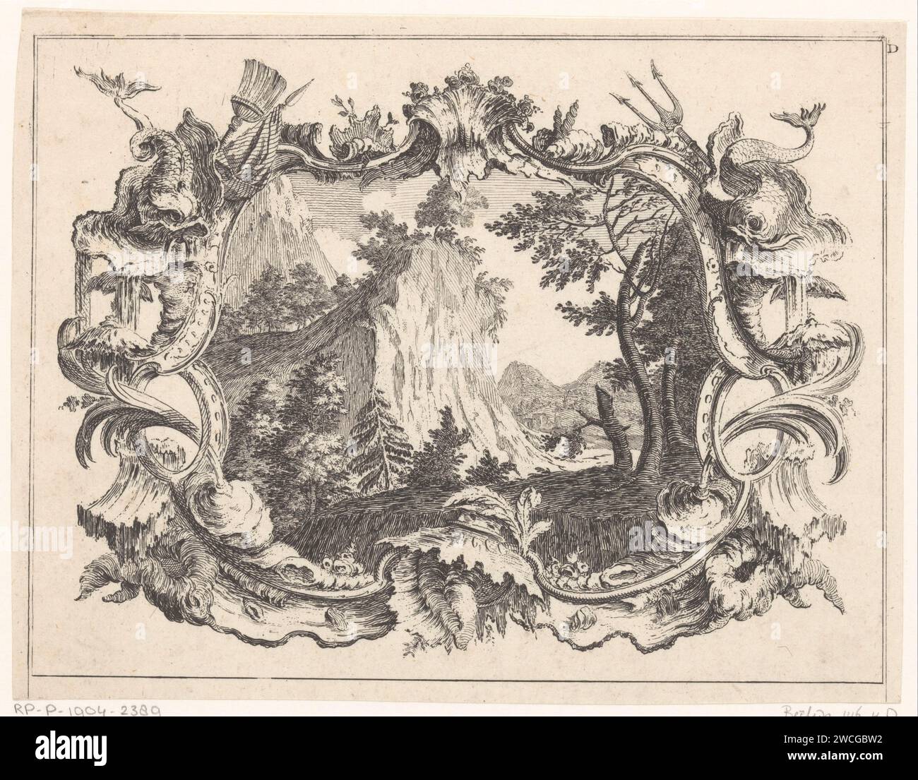 Berglandschap, Carl Albert von Lespilliez, dopo Francesco di Cuvilliés (Sr.), 1745 stampa Un paesaggio montano con alberi, intorno a una cornice di delfini. Montagne di incisione della carta della Germania. dolphin  ornamento Foto Stock
