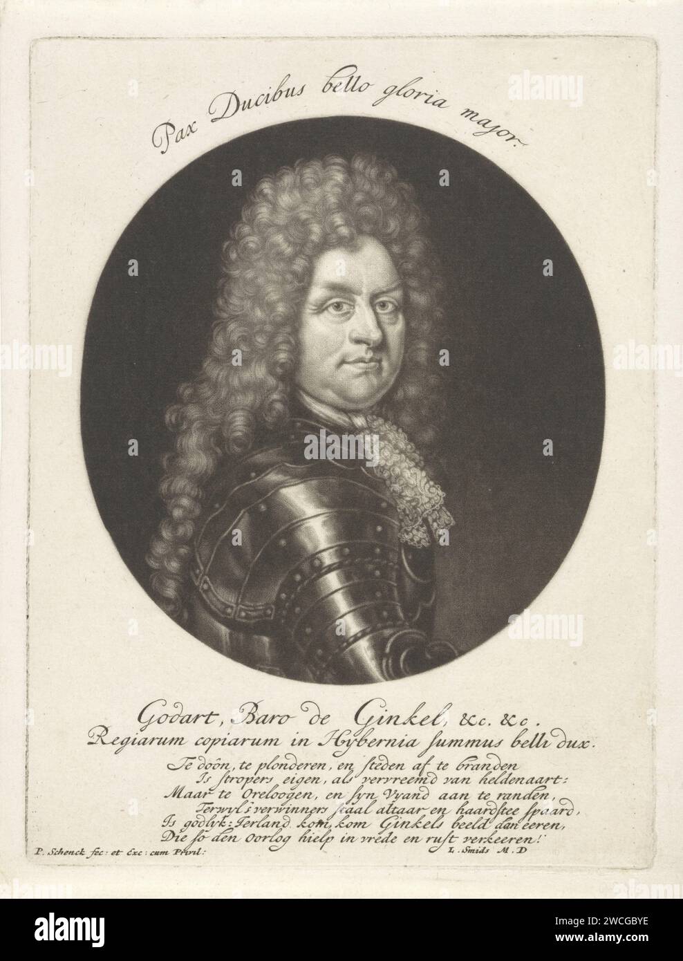 Ritratto di Godard, Barone van Reede -Ginckel, Conte di Athlone, Pieter Schenk (i), dopo Richard White, 1670 - 1713 stampa Amsterdam carta incisione armatura. parrucca Foto Stock