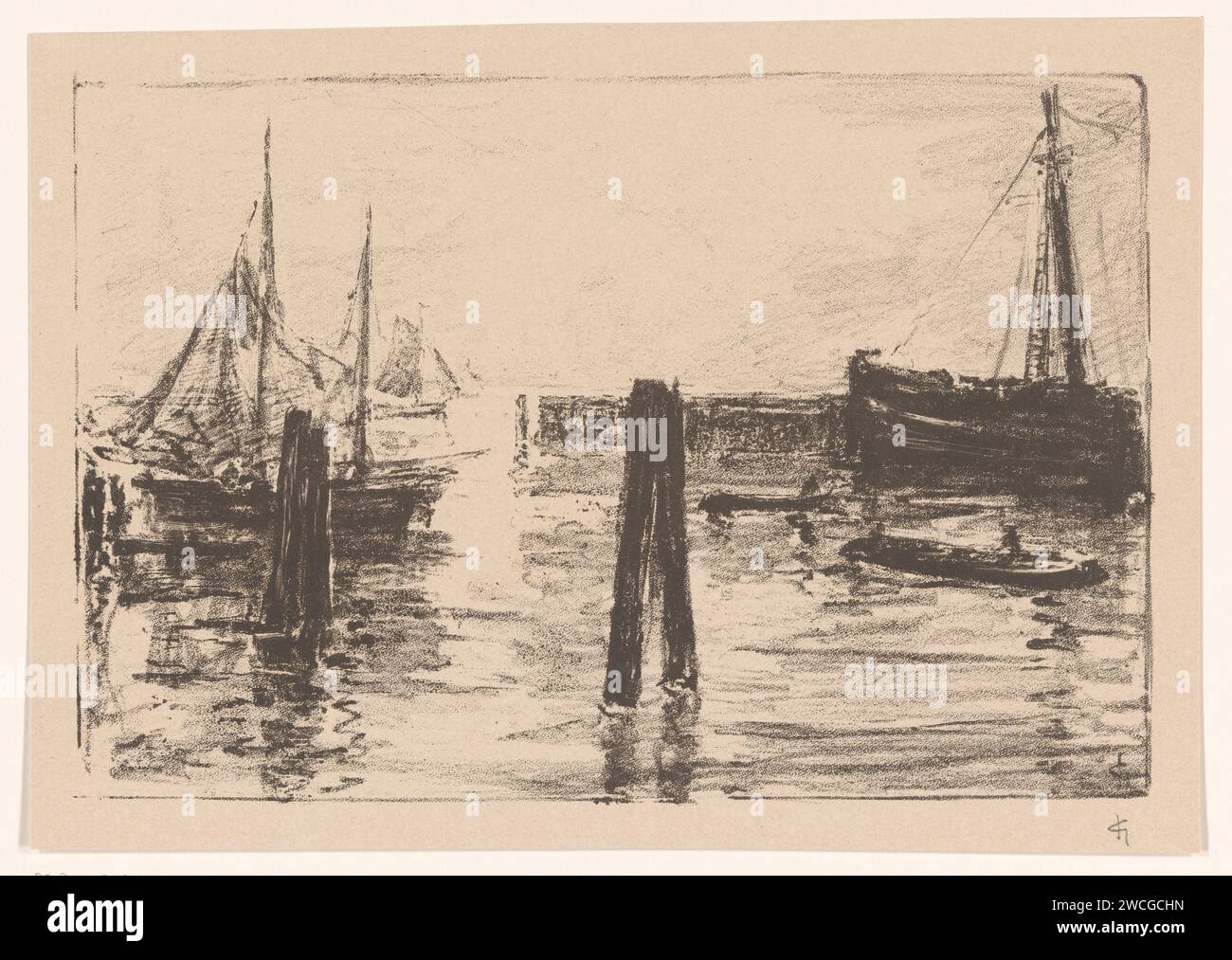 Haven in Cuxhaven, Carel Nicolaas Storm of 's -Gravesande, 1851 - 1902 stampa in primo piano multi -post; dietro di esso navi a vela e piccole imbarcazioni. Paper Harbour Cuxhaven Foto Stock