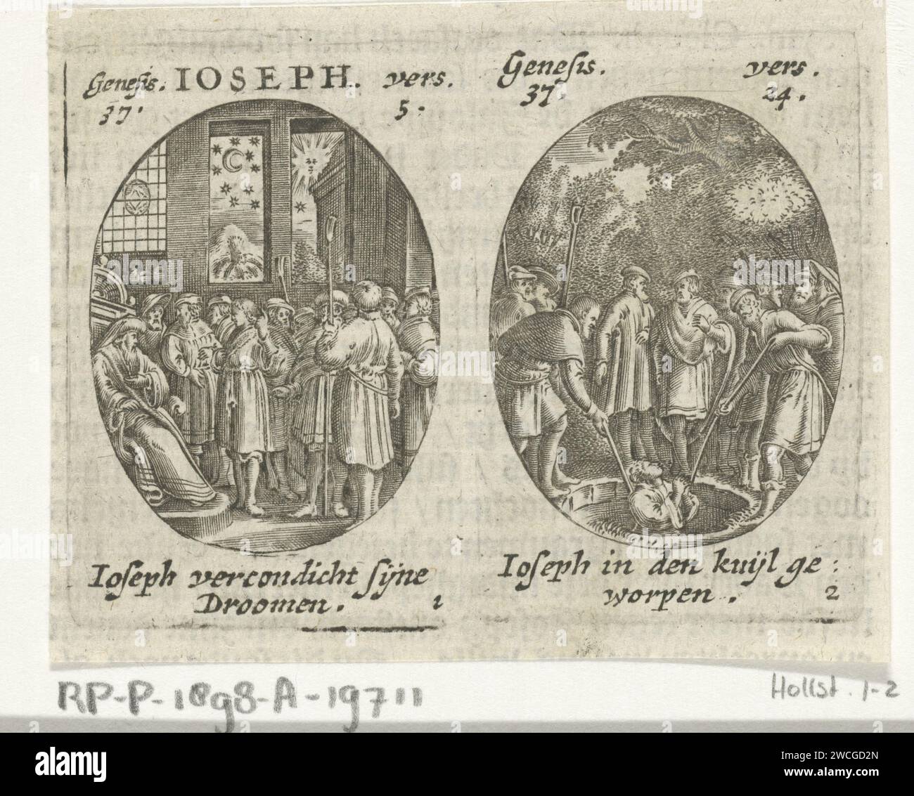 Jozef proclama i suoi sogni / Josef viene gettato dai suoi fratelli in Put, Hans Janssen, 1615 - 1651 stampa due stampe su una foglia in ovale. A sinistra un interno con Giuseppe che predica i suoi sogni agli astanti con il dito. Il suo sogno sul grano e il sole, la luna e le stelle che si piegano di fronte a lui è visibile attraverso una finestra (Gen. 37-5). A destra Giuseppe che è abbassato nel pozzo con le corde dai suoi fratelli (Gen. 37-24). Nella didascalia dei margini in olandese. Prima e seconda stampa (1 e 2) da una serie di dodici con scene della vita di Giuseppe. Carta di Amsterdam che incide il sogno di Joseph Foto Stock