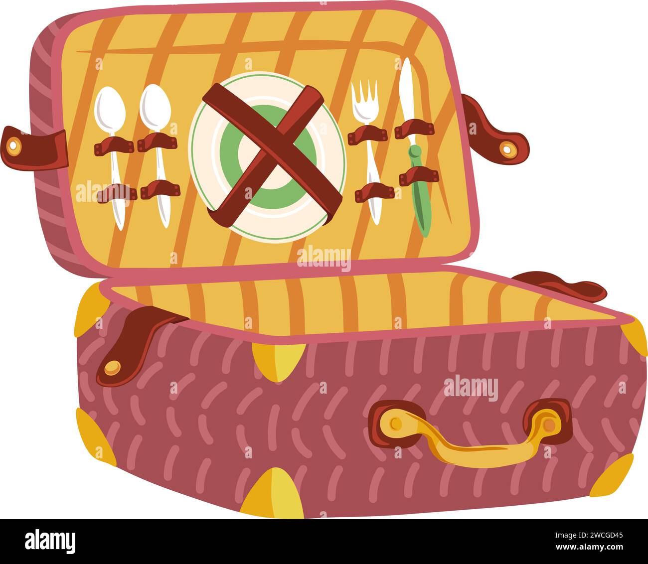 Cesto da picnic o cestino con piatti e posate Illustrazione Vettoriale