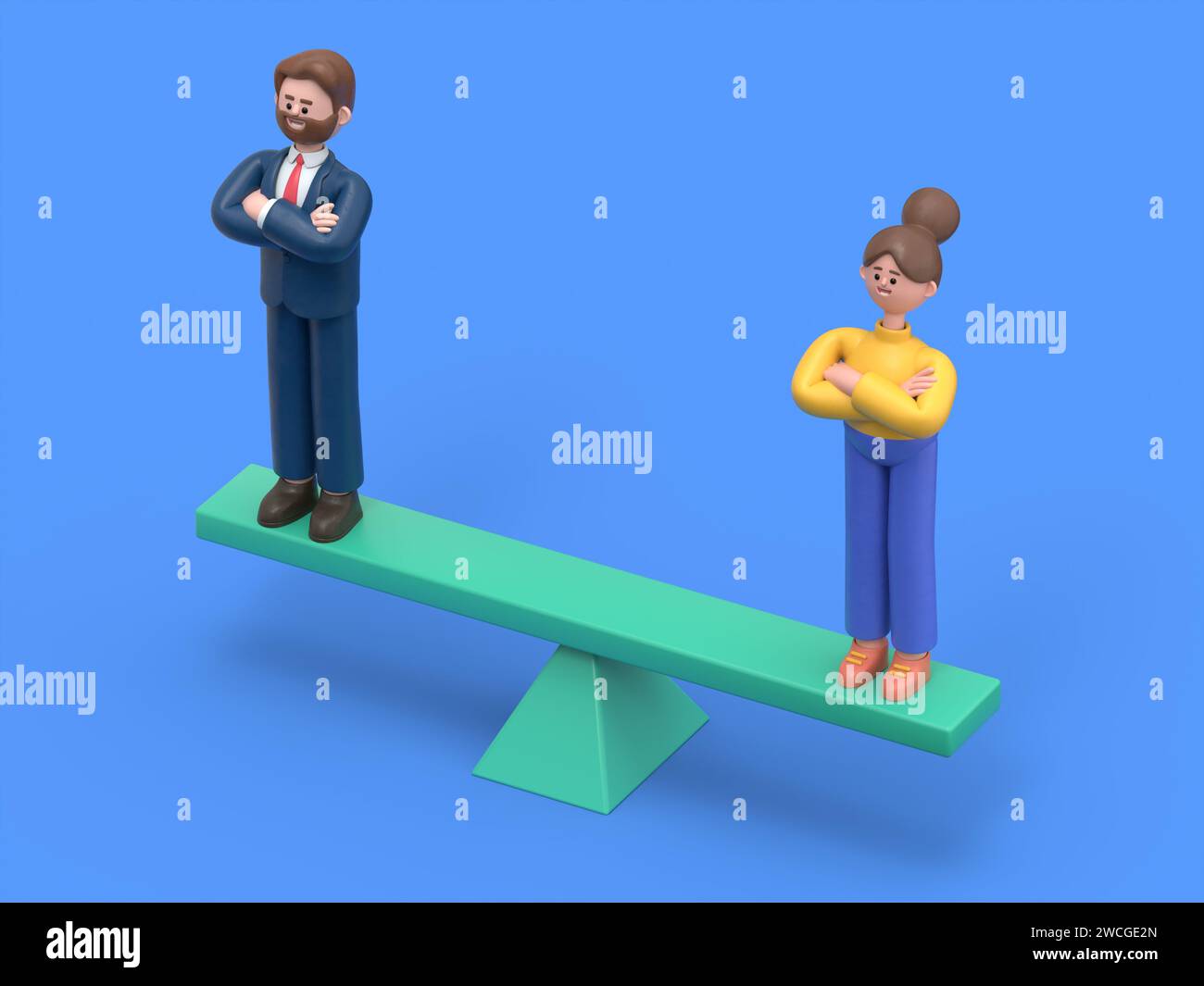 Uguaglianza isometrica per i generi concetto uomo e donna su scala. Uguaglianza tra uomo e donna.rendering 3D su sfondo blu. Foto Stock