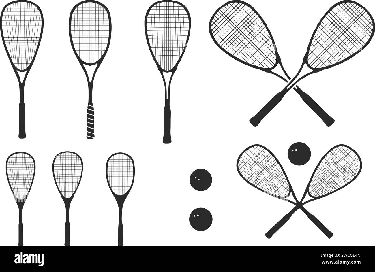 Silhouette a racchetta, silhouette a racchetta, racchetta da squash e logo a palla, illustrazione vettoriale della racchetta da squash. Illustrazione Vettoriale