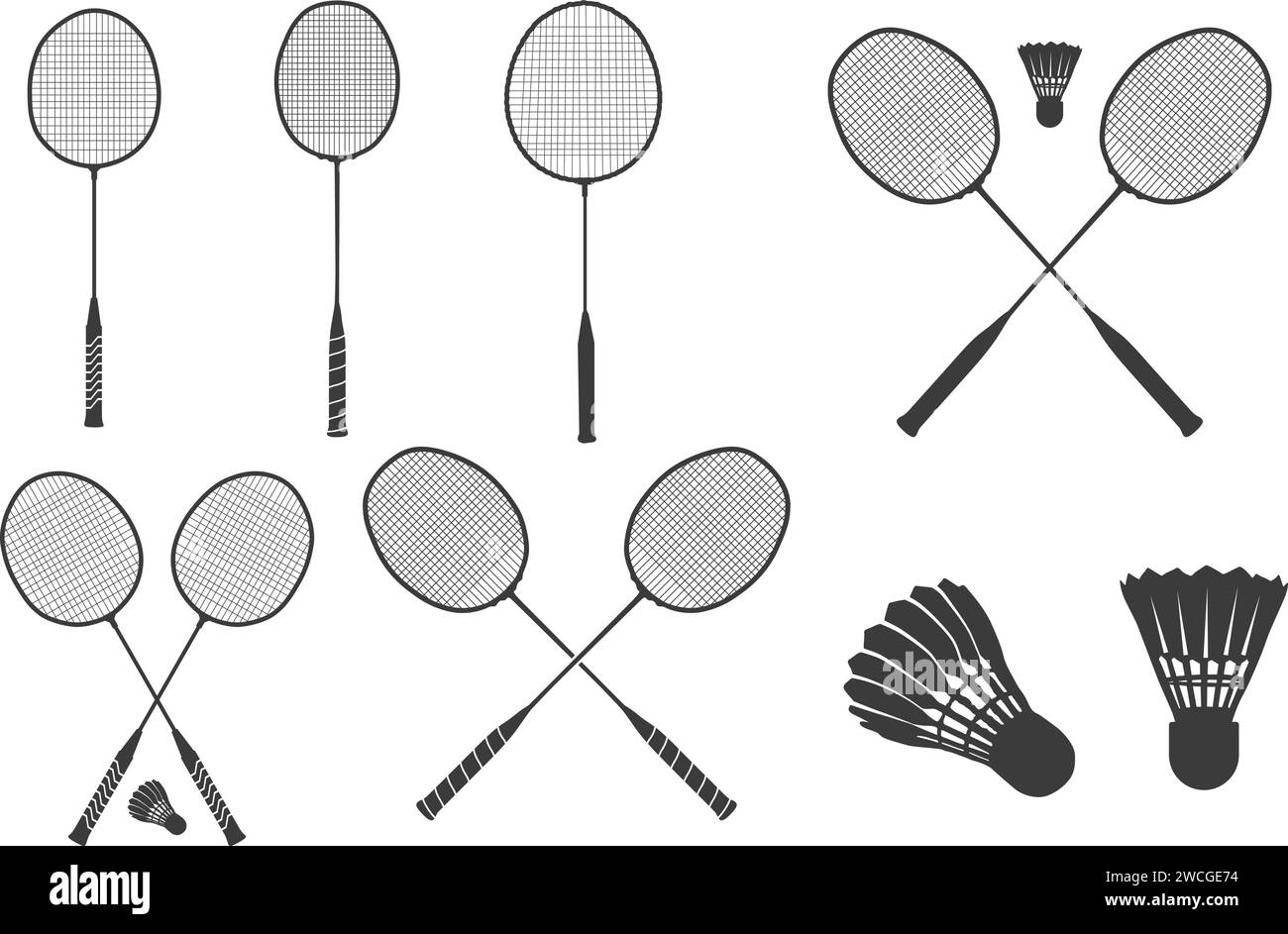 Silhouette con racchetta da badminton, racchetta da badminton e rubinetto, clip con racchetta Badminton, silhouette con racchetta Illustrazione Vettoriale