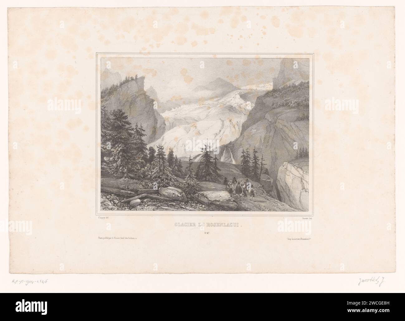 Vista del Rosenlauigletjer, Louis -Julien Jacottet, dopo Nicolas Marie Joseph Chapuy, 1836 - 1840 stampa del ghiacciaio di carta di Parigi (+ paesaggio con figure, personale) Rosenlauiglets Foto Stock