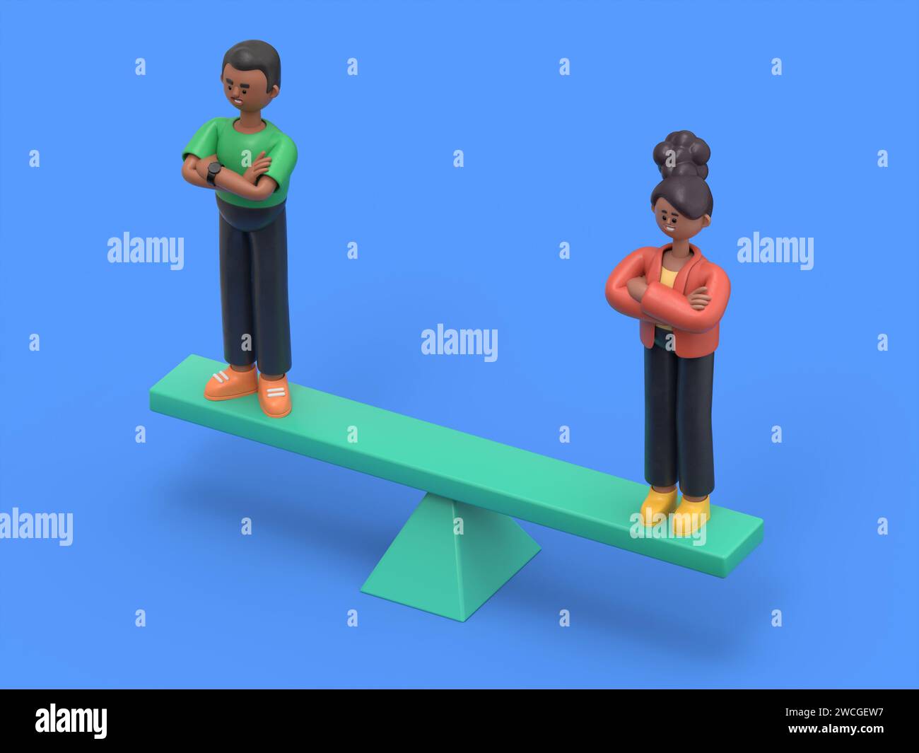 Uguaglianza isometrica per i generi concetto uomo e donna su scala. Uguaglianza tra uomo e donna.rendering 3D su sfondo blu. Foto Stock