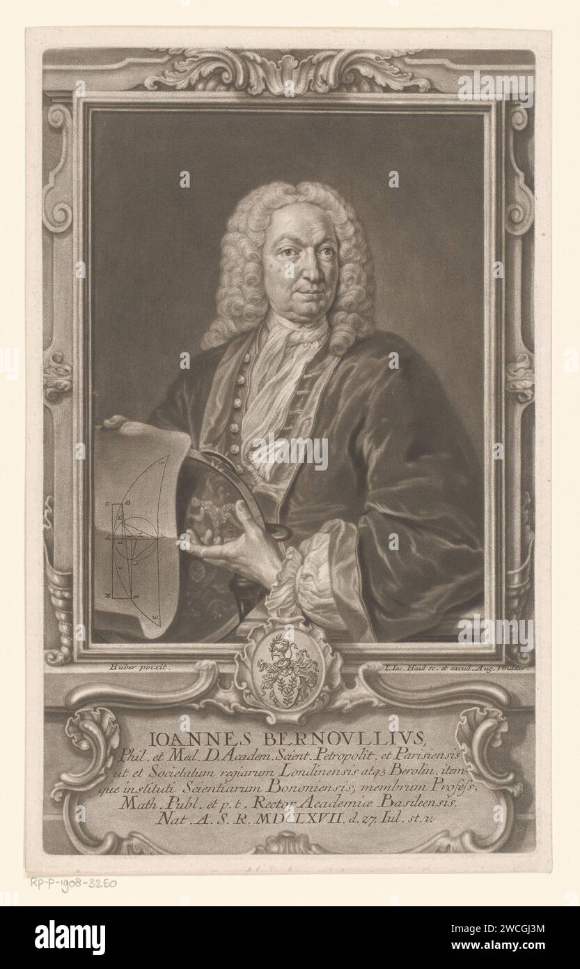 Portret van Johann Bernoulli, Johann Jacob Haid, dopo Johann Rudolf Huber (1668-1748), 1714 - 1767 stampa con didascalia in tedesco. Carta di Augusta che incide personaggi storici. matematica. disegno (matematica). cuscinetto araldico. sfera armillare, globo celeste scheletro Foto Stock