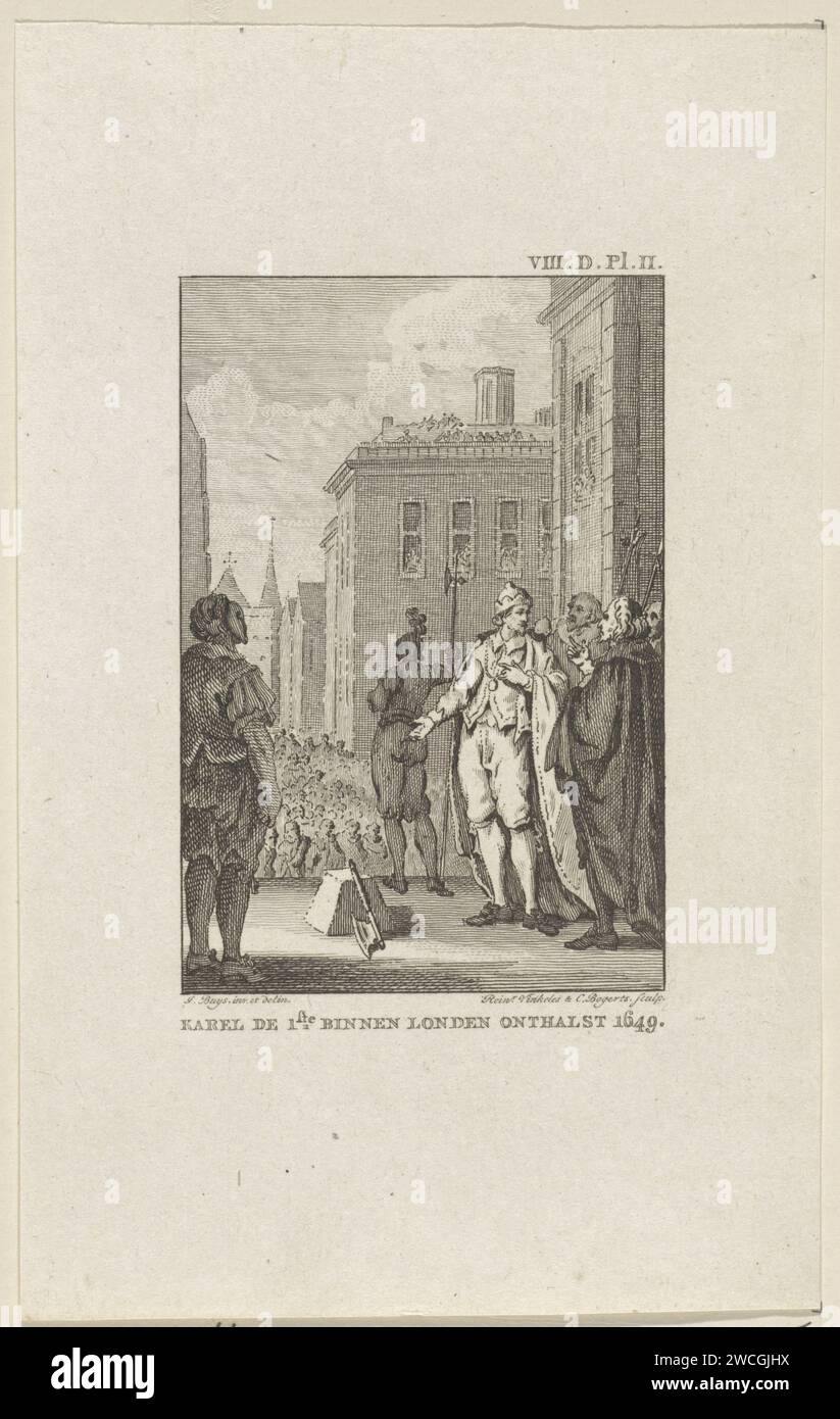 Decapitazione di Carlo i, re d'Inghilterra, a Londra, 1649, Reinier Vinkeles (i), dopo Jacobus Buys, 1783 - 1795 stampa Amsterdam carta incisione morte violenta per decapitazione. Sul ponteggio o sul luogo di esecuzione Whitehall Foto Stock