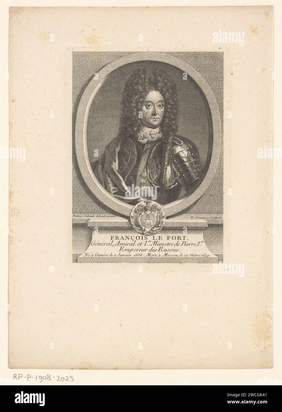 Portret van Francois Lefort, Dominique Sornique, dopo Pieter Schenk (i), 1755 - 1765 stampa Parigi carta incisione / incisione imperatore. persone storiche Foto Stock