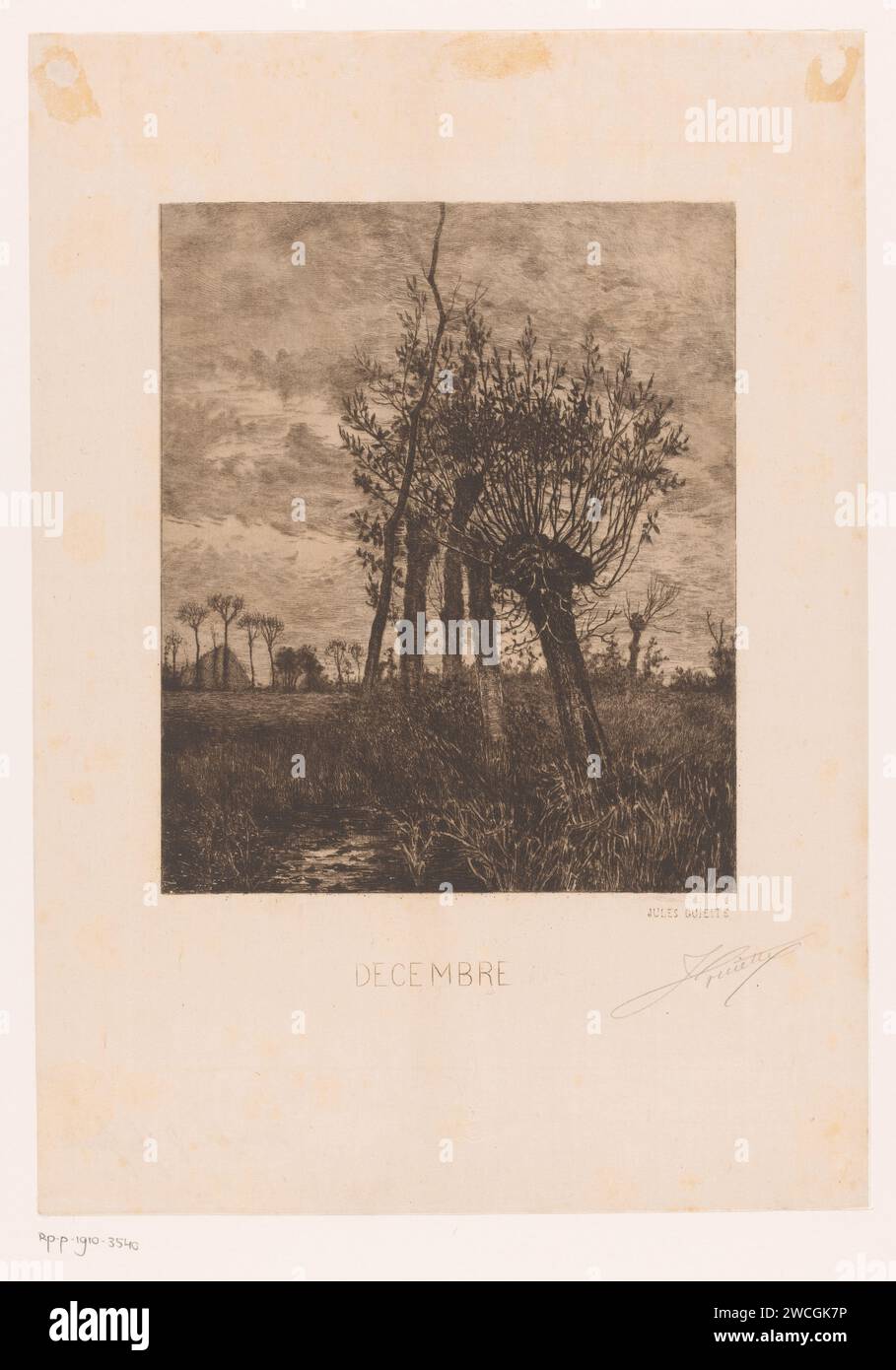 Paesaggio invernale con salici, Jules Guiette, 1862 - 1901 carta stampata incisione / alberi a secco: salice. paesaggi nella zona temperata Foto Stock