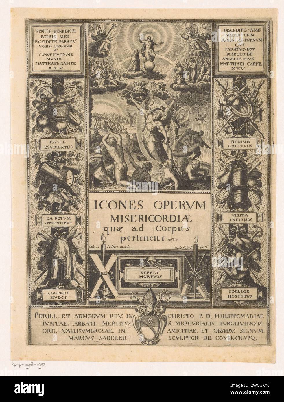 Il giudizio universale, David Custos, 1624 - 1629 Allegorie delle sette opere di misericordia ha inquadrato il giudizio universale. Tipografia: Veniceeditore: Incisione cartacea Italia rappresentazione completa del giudizio universale: Cristo (con spada e giglio), spesso circondato da anziani e talvolta accompagnato da Maria e Giovanni Battista, appare nel cielo con angeli trombettisti (e talvolta angeli che reggono gli strumenti della passione); dopo la resurrezione dei morti i beati sono condotti in paradiso dagli angeli, e i dannati sono trascinati all'inferno dai diavoli. Cross  strumenti della passione. colonna (di Foto Stock