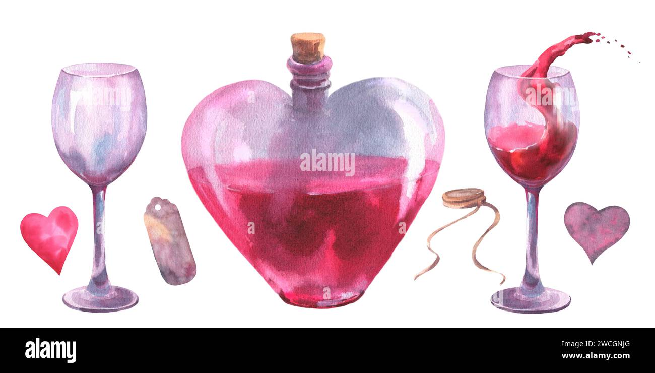 Illustrazioni ad acquerello, set per San Valentino o matrimonio. Elisir di pozione Love in bottiglia a forma di cuore e bicchiere di vino, cuori, etichetta, illustrazione Foto Stock