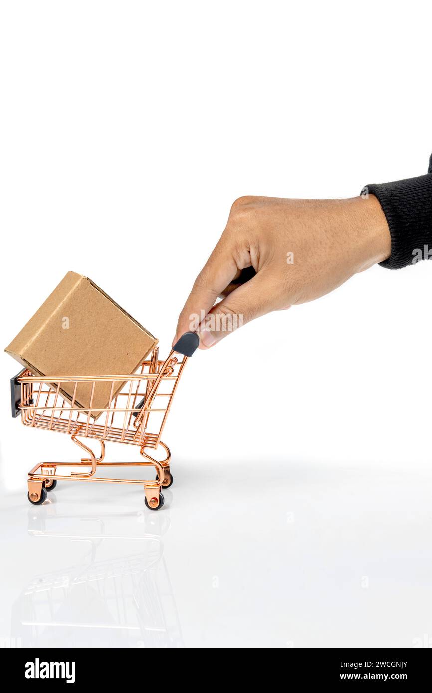 Una mano umana trasporta una scatola di cartone in un carrello isolato su uno sfondo bianco Foto Stock