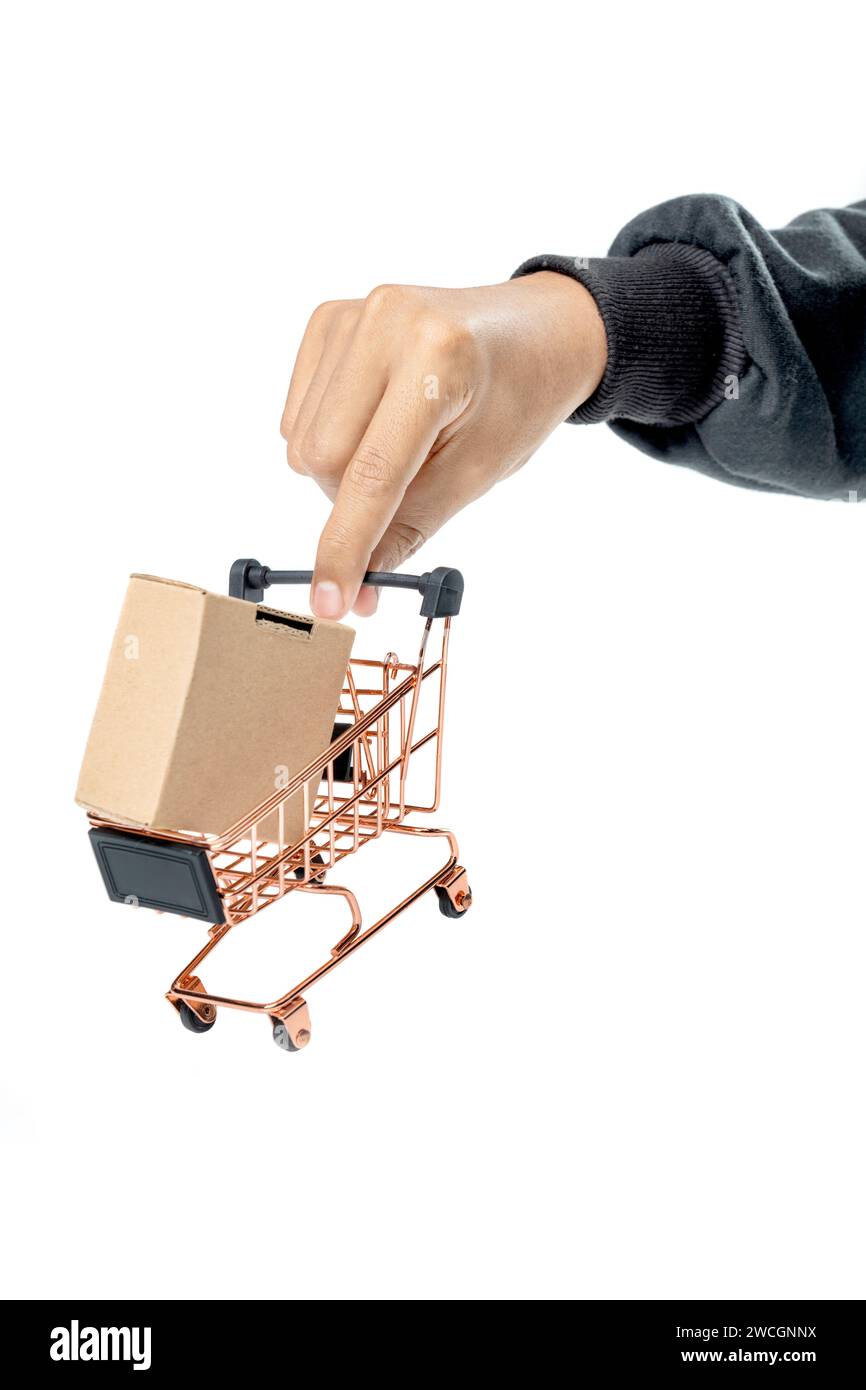 Una mano umana trasporta una scatola di cartone in un carrello isolato su uno sfondo bianco Foto Stock