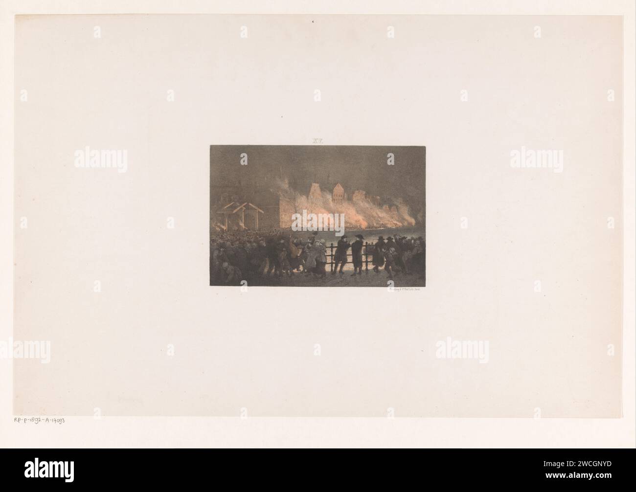 Bruciando le dogane il 15 novembre 1813 ad Amsterdam, Johan Conrad Greive, 1876 stampa Che Una folla si è radunata sui ponti e lungo l'acqua. Portano torce. La folla di carta di Amsterdam, la folla. Torcia Amstel (fiume) Foto Stock