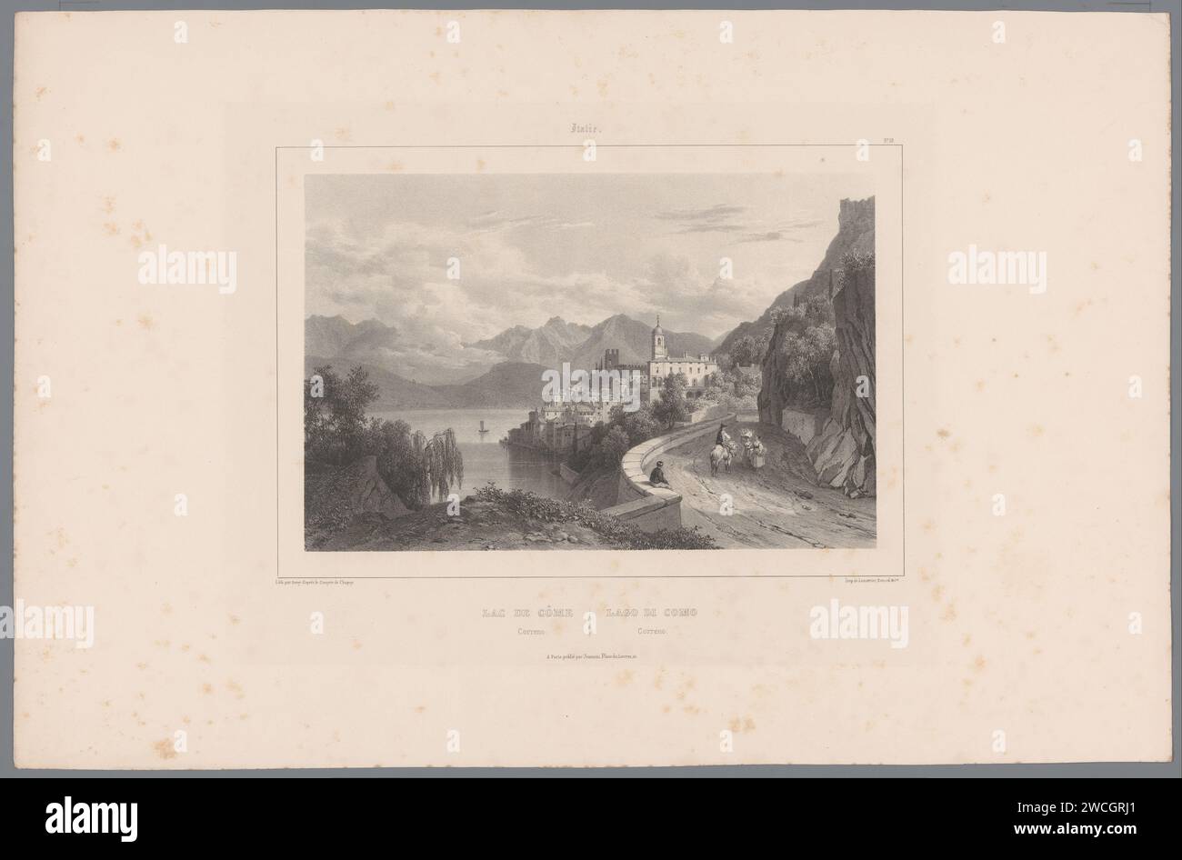 Veduta di nesso aan Lago di Como, Isodore -Laurent Deroy, in onore di Nicolas Marie Joseph Chapuy, 1838 - 1841 la stampa fa parte di una copertina con sei stampe. Lago di carta di Parigi (+ paesaggio con figure, personale). montagne (+ paesaggio con cifre, personale). Prospettiva del villaggio, sagoma del villaggio Link Foto Stock