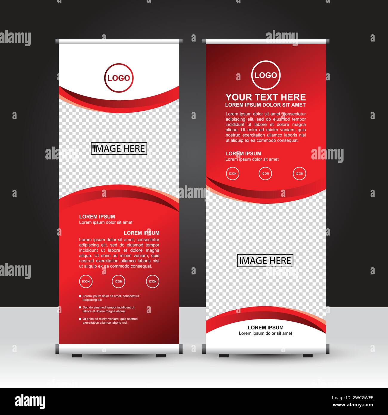 Modello di banner roll-up a tema rosso e bianco, design di banner in piedi, pubblicità, volantino ed espositore. Progettazione vettoriale. Illustrazione Vettoriale