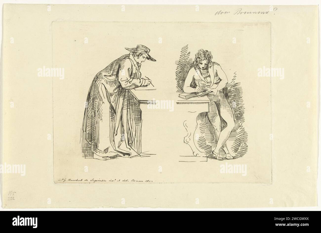 Foglio di studio con due figure maschili, Tieleman Cato Bruining (attribuito a), dopo David Pièrre Giottino Humbert de Superville, c. 1802 - c. 1850 stampare due figure maschili in piedi sulle lezioni di scrittura. La figura di sinistra indossa un cappello e una lunga giacca, la dritta si appoggia casualmente contro la scrivania e scrive in un libro. Leggio per incisione carta Roma  lettura. autore, poeta che scrive Foto Stock