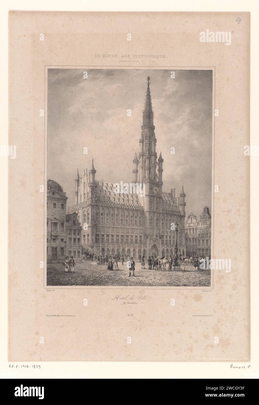 Stadhuis te Brussel, Philippe Benoist, dopo Nicolas Marie Joseph Chapuy, 1839 stampa Paris paper Townhall Town Hall Foto Stock