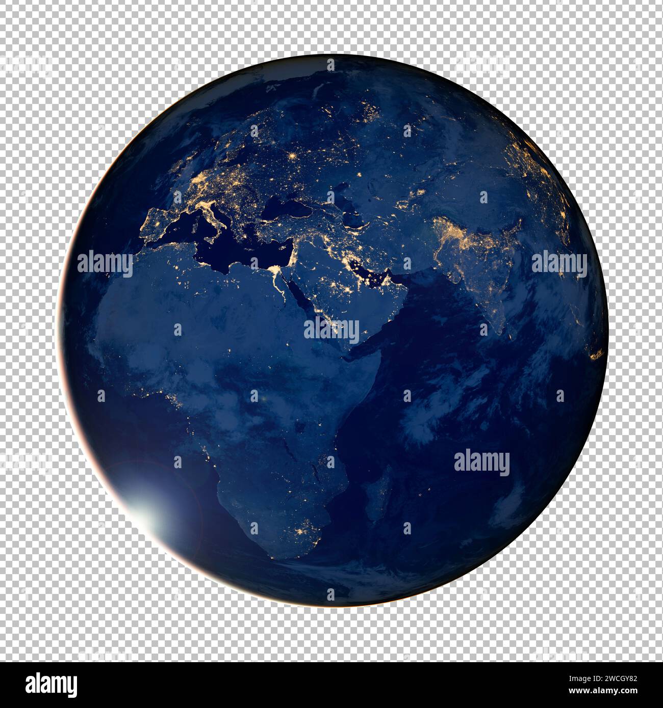 Foto della Terra di notte. Luci cittadine d'Europa e Asia dallo spazio. Foto satellitare del pianeta Terra. Elementi di questa immagine forniti dalla NASA. Foto Stock
