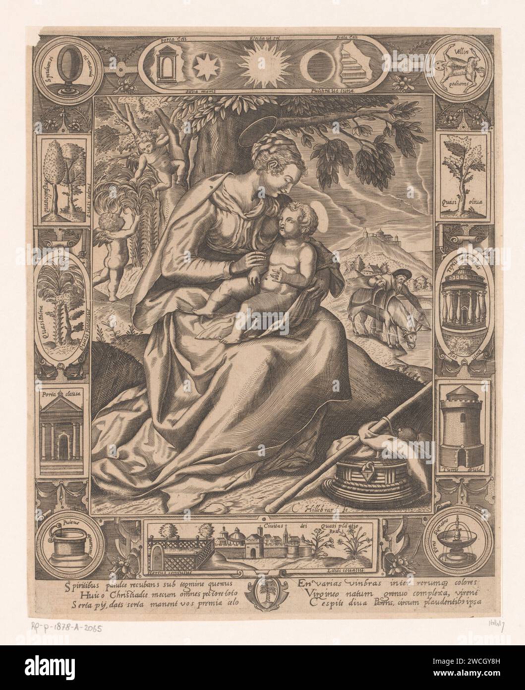 Riposa durante la fuga in Egitto, Conrad Hillebrand, dentro o prima del 1608, l'incisione su carta stampata riposa durante il volo in Egitto. Simboli di Maria dalle litanie Foto Stock