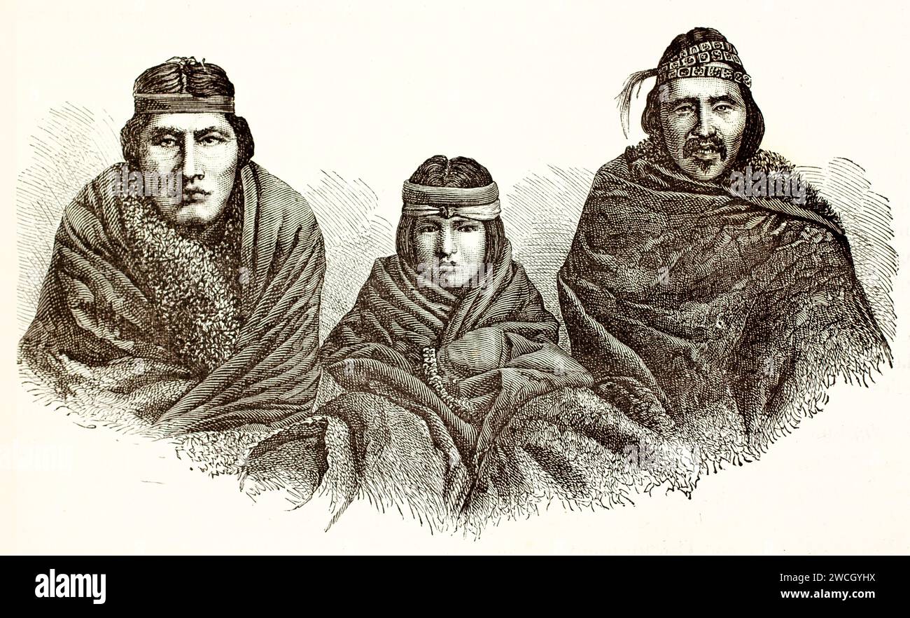 Popolo Araucaniano del Sud America in abbigliamento etnico, ritratti di busto frontale in stile xilografico. Pubblicato nel 1878 da Brehm, Baillière et fils, Parigi Foto Stock
