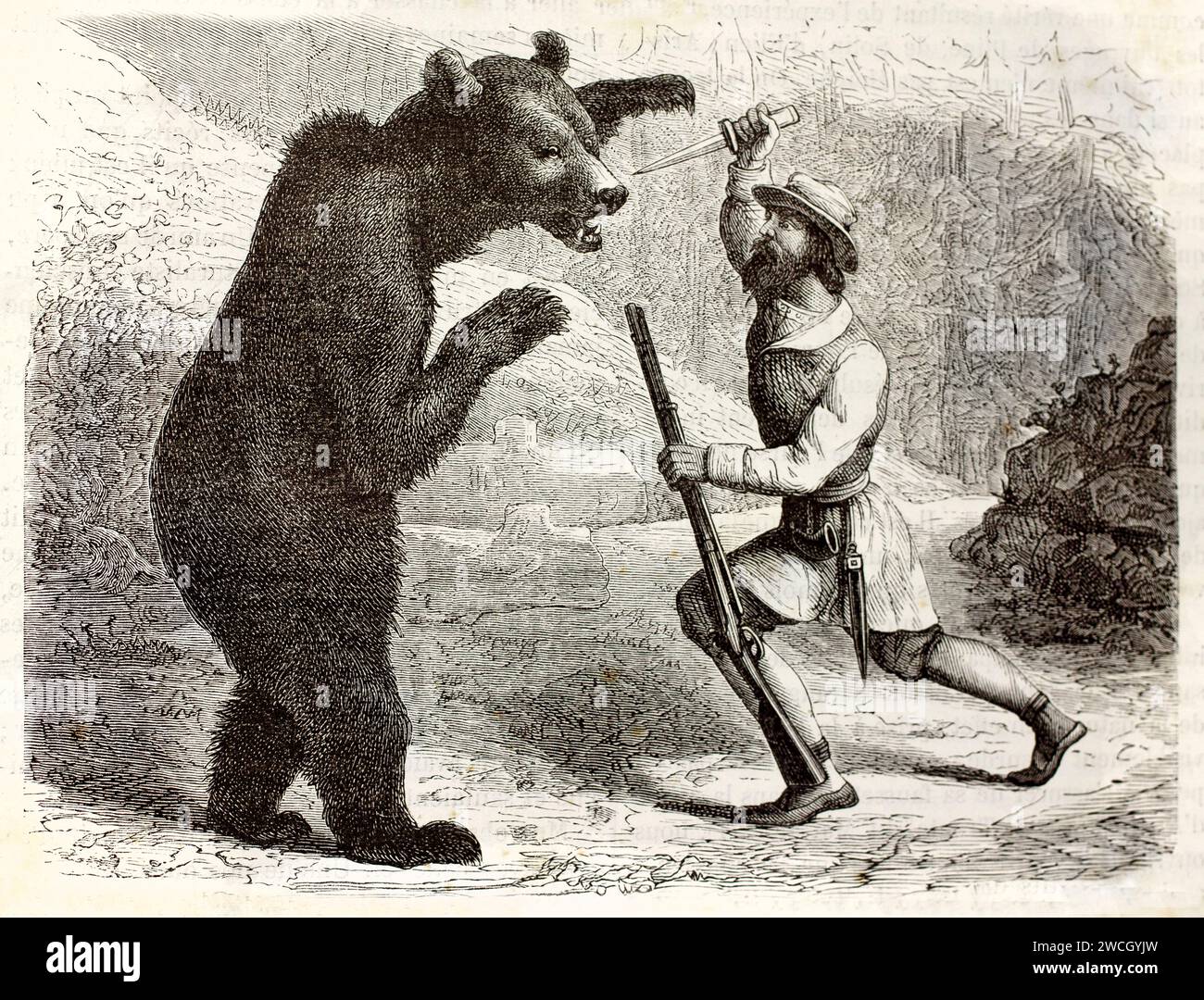 Cacciatore lituano che affronta l'orso con pugnali e fucile vuoto nella foresta, azione drammatica in stile tagliato su legno. Pubblicato nel 1878 da Brehm, Parigi. Foto Stock