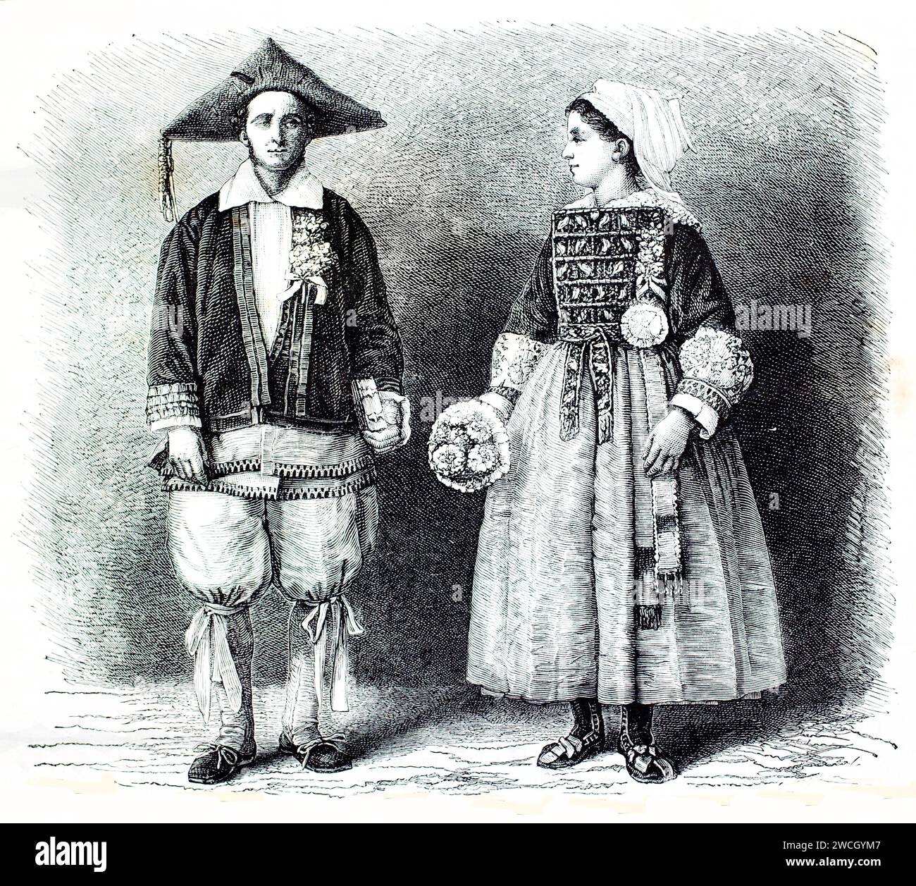 Uomo e donna bretone in costume cerimoniale, forse per un matrimonio. Xilografia etnografica con dettagli espressivi. Pubblicato nel 1878 da Brehm, Parigi. Foto Stock