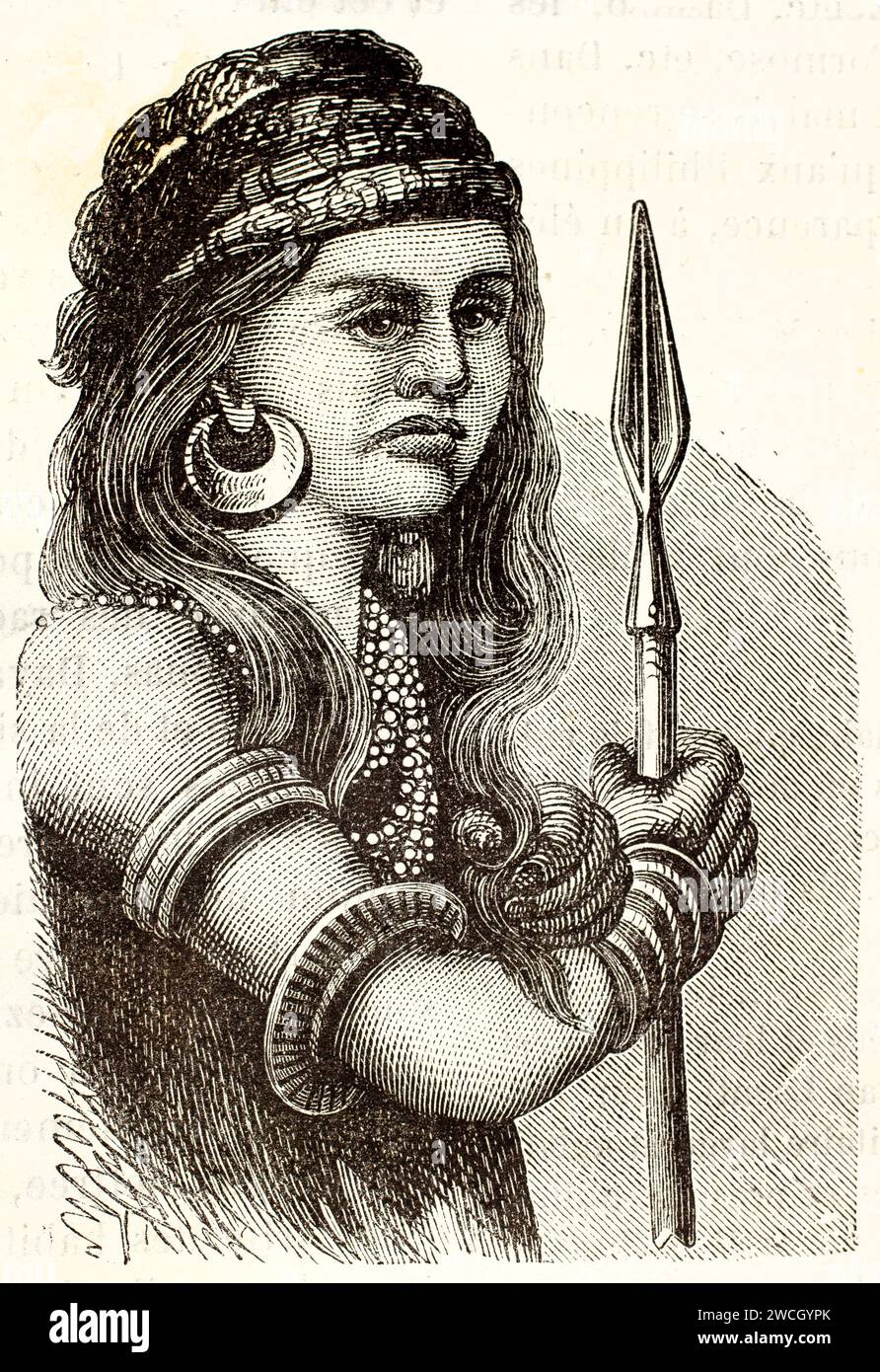 Donna Dayak del Borneo con in mano una lancia, adornata da orecchini a mezzaluna e abito tradizionale. Ritratto tribale espressivo dall'incisione incisa su legno del 1878. Foto Stock