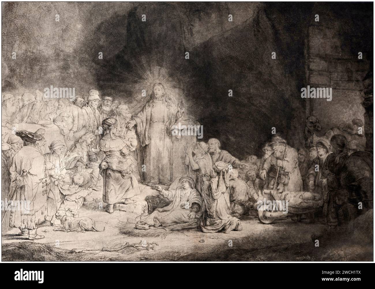 Cristo guarisce gli infermi - acquaforte, puntasecca e bulino - Rembrandt Harmensz van Rijn - 1649 - Pavia, Civica Pinacoteca Malaspina Foto Stock