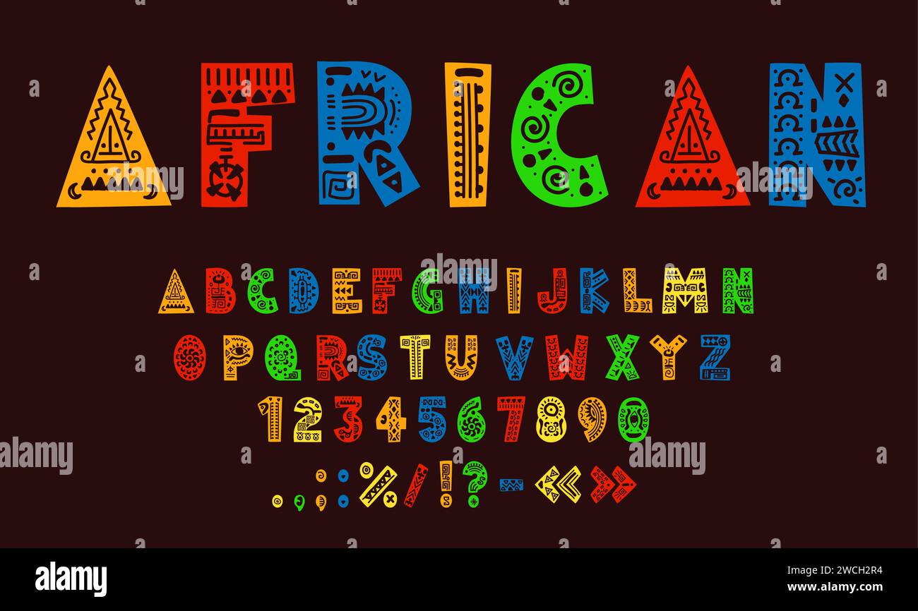 Caratteri africani, tribali, caratteri etnici, alfabeto inglese nativo. Caratteri ornati Africa, caratteri e cifre, ABC inglese, numeri vettoriali alfabetici, simboli di punteggiatura con ornamenti tribali Illustrazione Vettoriale