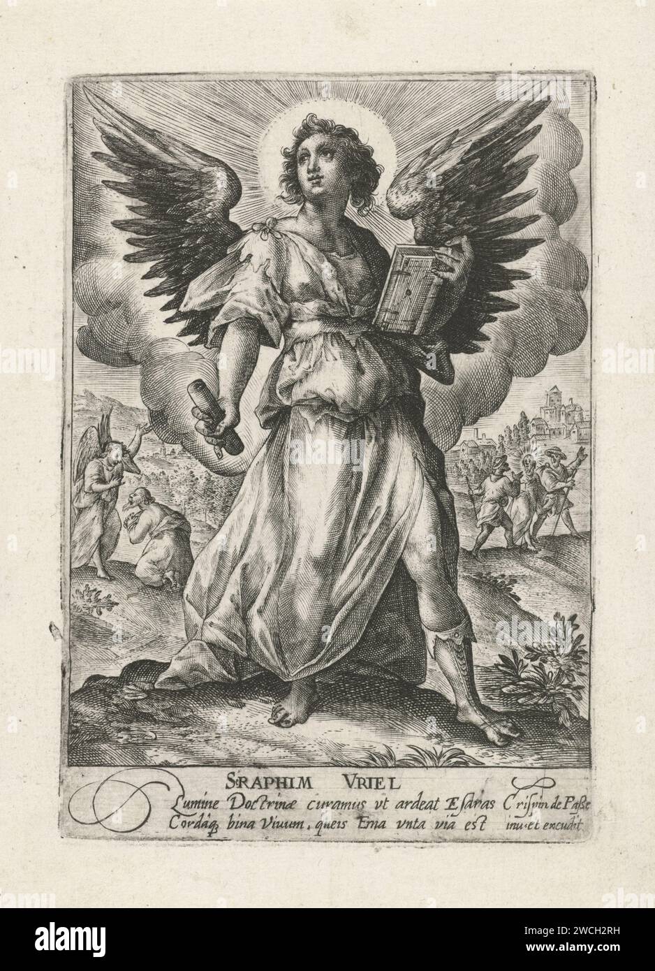Arcangelo Uriel, Crispijn van de Passe (i), 1574 - 1637 stampa l'Arcangelo Uriel è sulla sua carta destra con un libro nella mano sinistra e un foglio arrotolato. A sinistra sullo sfondo, Uriel rimprovera il sacerdote Ezra. A destra sullo sfondo i due discepoli che Cristo incontra sulla via per Emmaus. A margine una didascalia bidirezionale in latino. Stampa da una serie con arcangeli. Sconosciuta incisione di carta di altri arcangeli, oltre a Michael, Gabriel e Raphael: Uriel. Ezra e l'arcangelo Uriel (2 Esdra 4:1). Cleopas e Pietro incontrano Cristo (a volte sono vestiti da pellegrini) Foto Stock