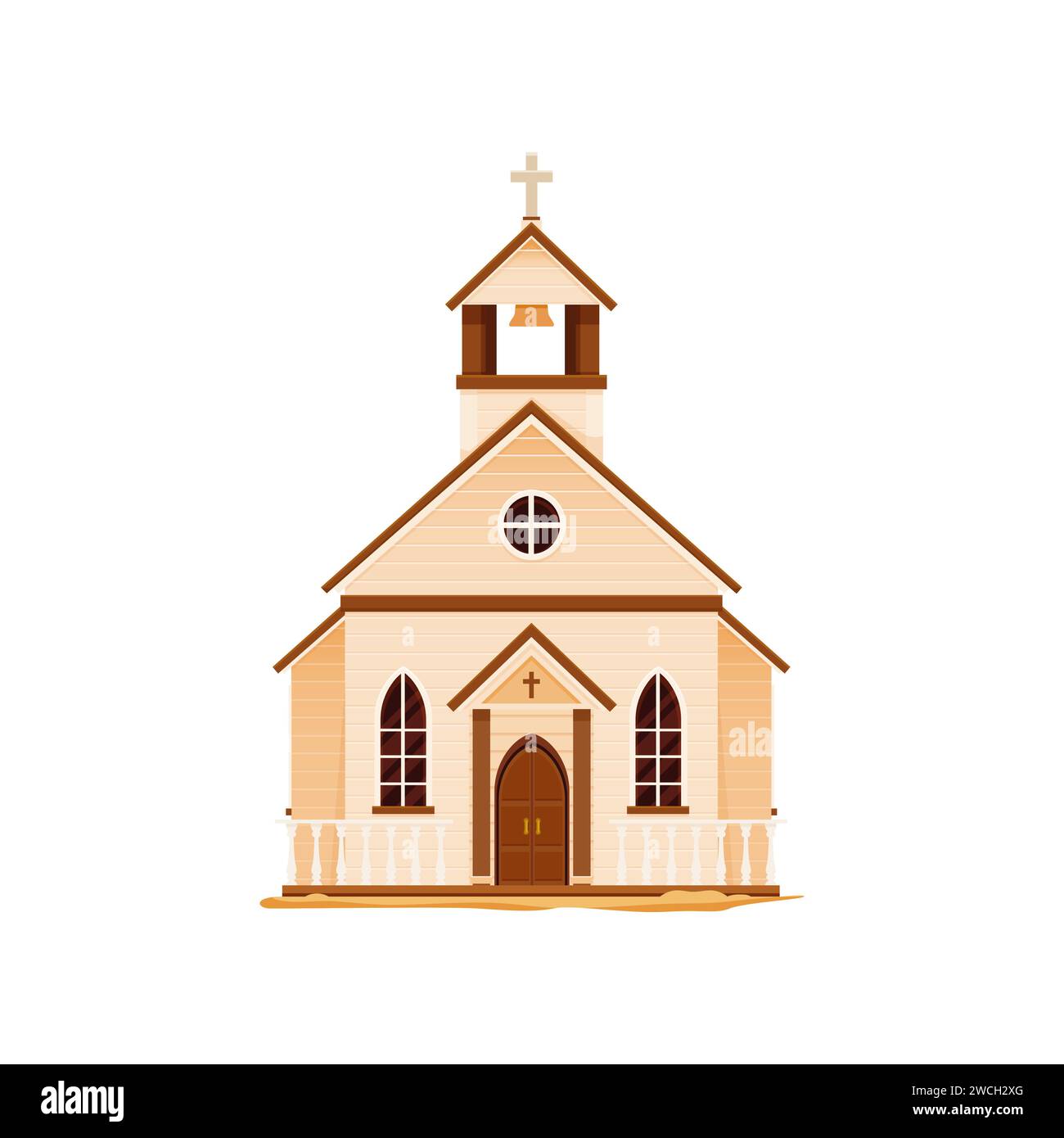Edificio dei cartoni animati della chiesa di West Wild West, casa vettoriale della vecchia strada di campagna americana. Edificio in legno bianco con chiesa cattolica o cappella con croce e campanile, architettura del selvaggio West Illustrazione Vettoriale
