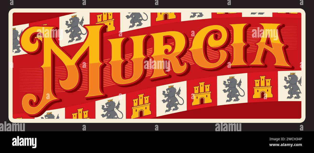 Targa spagnola Murcia e adesivo da viaggio, targhetta vettoriale per bagagli. Cartello di latta e targa di viaggio della città spagnola con simbolo, simbolo della bandiera e simbolo del comune. Stemma della regione di Murcia Illustrazione Vettoriale