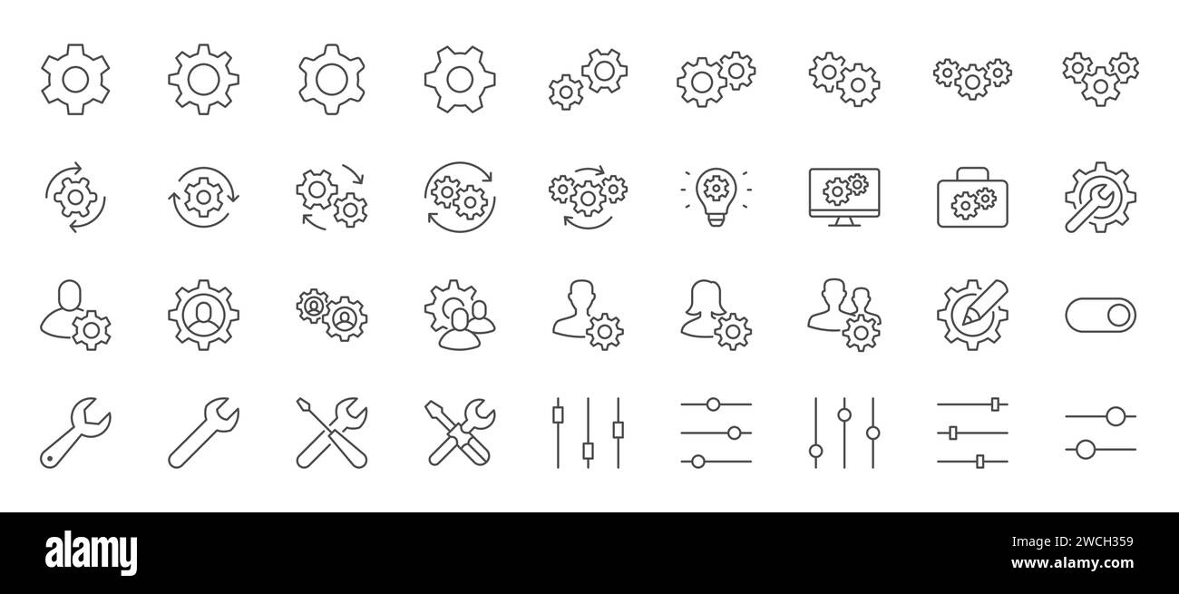 Icona della riga delle impostazioni impostata. Ruota dentata, supporto, chiave, cacciavite, sviluppo, configurazione, barra degli strumenti, impostazione di illustrazioni vettoriali minime. Semplici segnali di contorno Illustrazione Vettoriale