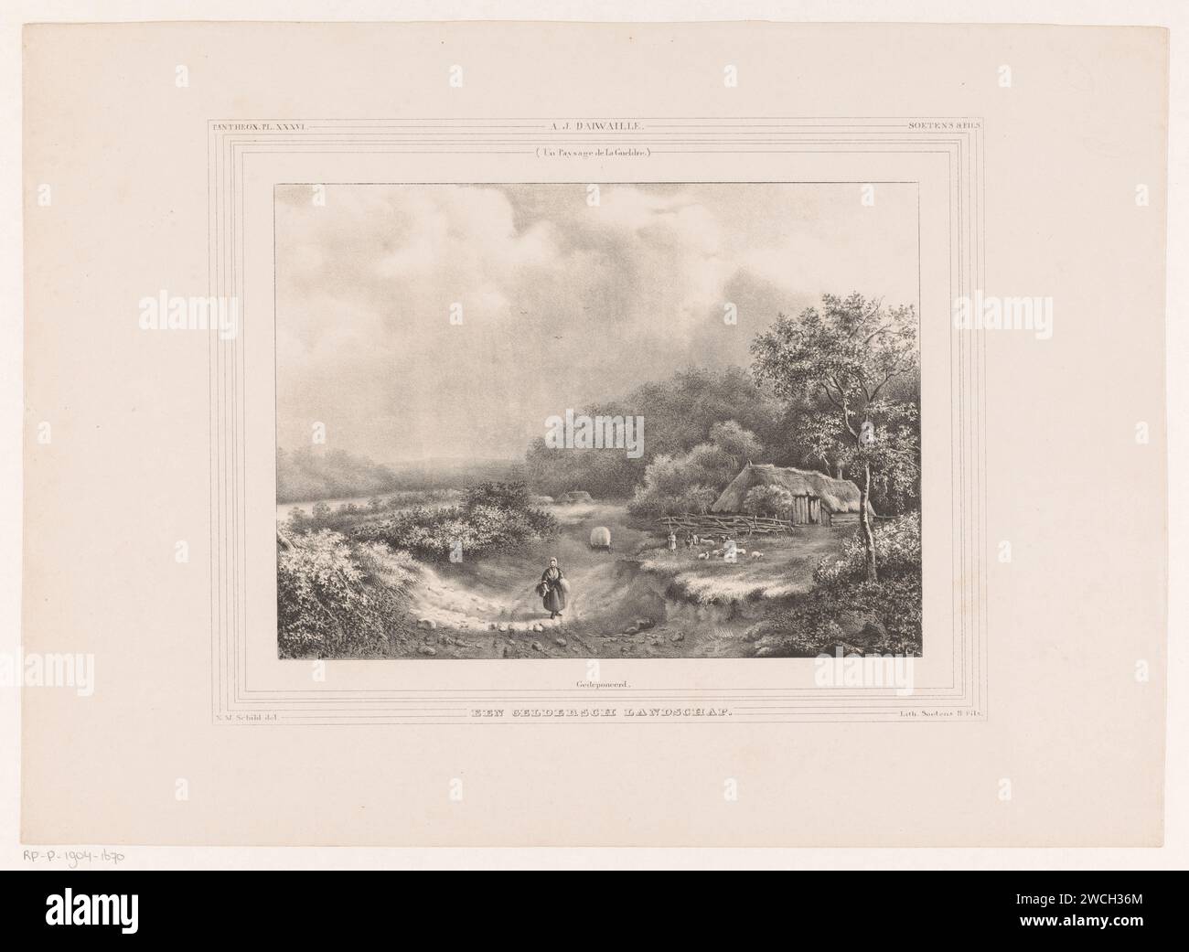 Donna in Gelders Landschap, Nicolaas Martinus Schild, dopo Alexander Joseph Daiwaille, 1837 - 1840 stampa Una donna con un cesto corre su un sentiero in un paesaggio Gelders. Sulla destra due bambini con pecore davanti a una fattoria. Sullo sfondo un carro da fieno, case e un fiume sulla sinistra. PL. Numerata in alto a sinistra Xxxvl. Paesaggi cartacei dell'Aia (+ paesaggio con figure, personale) Gelderland Foto Stock
