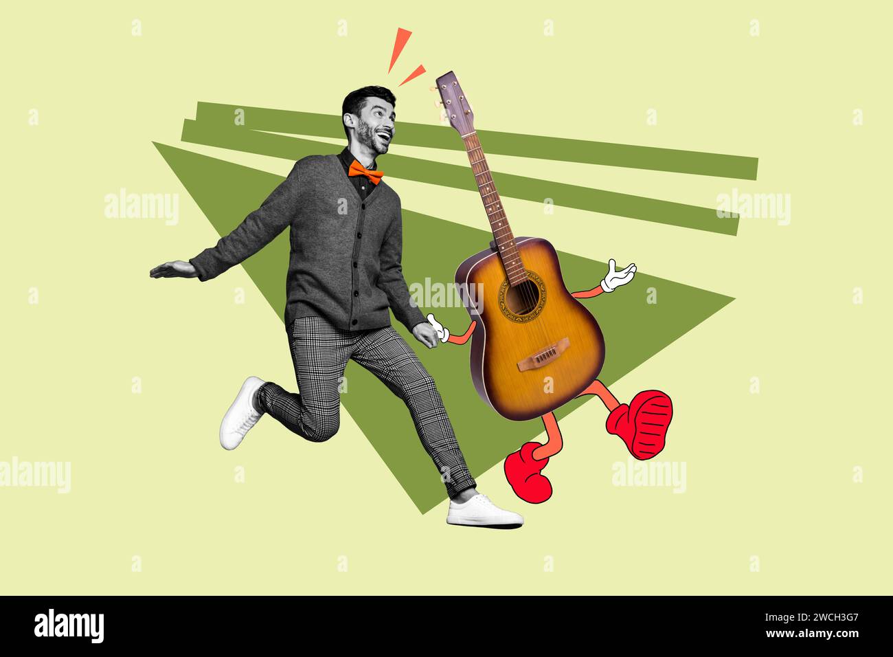 Immagine di collage creativo che gestisce un giovane chitarrista fantasy Dream Walking guitar concerto concerto performance musicista evento Foto Stock