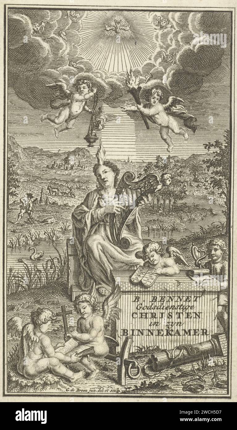 Frontespizio per: Benjamin Bennet, il cristiano religioso nel suo Binnekamer., Gerrit de Broen (II), in o prima del 1744 Una donna è in un paesaggio arcadiano e suona su un argano. Le escono delle fiamme dalla fronte. I putti che sono impegnati con le lezioni di religione sono intorno a lei. Uno di loro studia le tavole di pietra, altri due si leggono a vicenda dalla Bibbia. Gli strumenti di tortura di Cristo sono sparsi per terra. Amsterdam paper Etching Cupids: "Amores", "Amoretti", "Putti". "Weapon Christi" Foto Stock