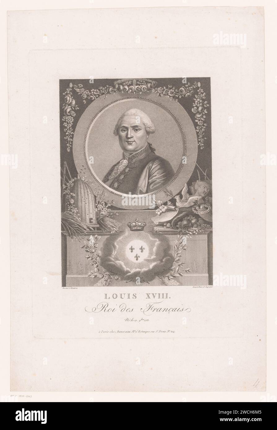 Ritratto di Lodewijk XVIII, Auguste Claude Simon Legrand, stampatore del 1815: Parisafter disegno personale di: Londonpublisher: Paris paper etching Historical Persons. sovrano, sovrano Foto Stock