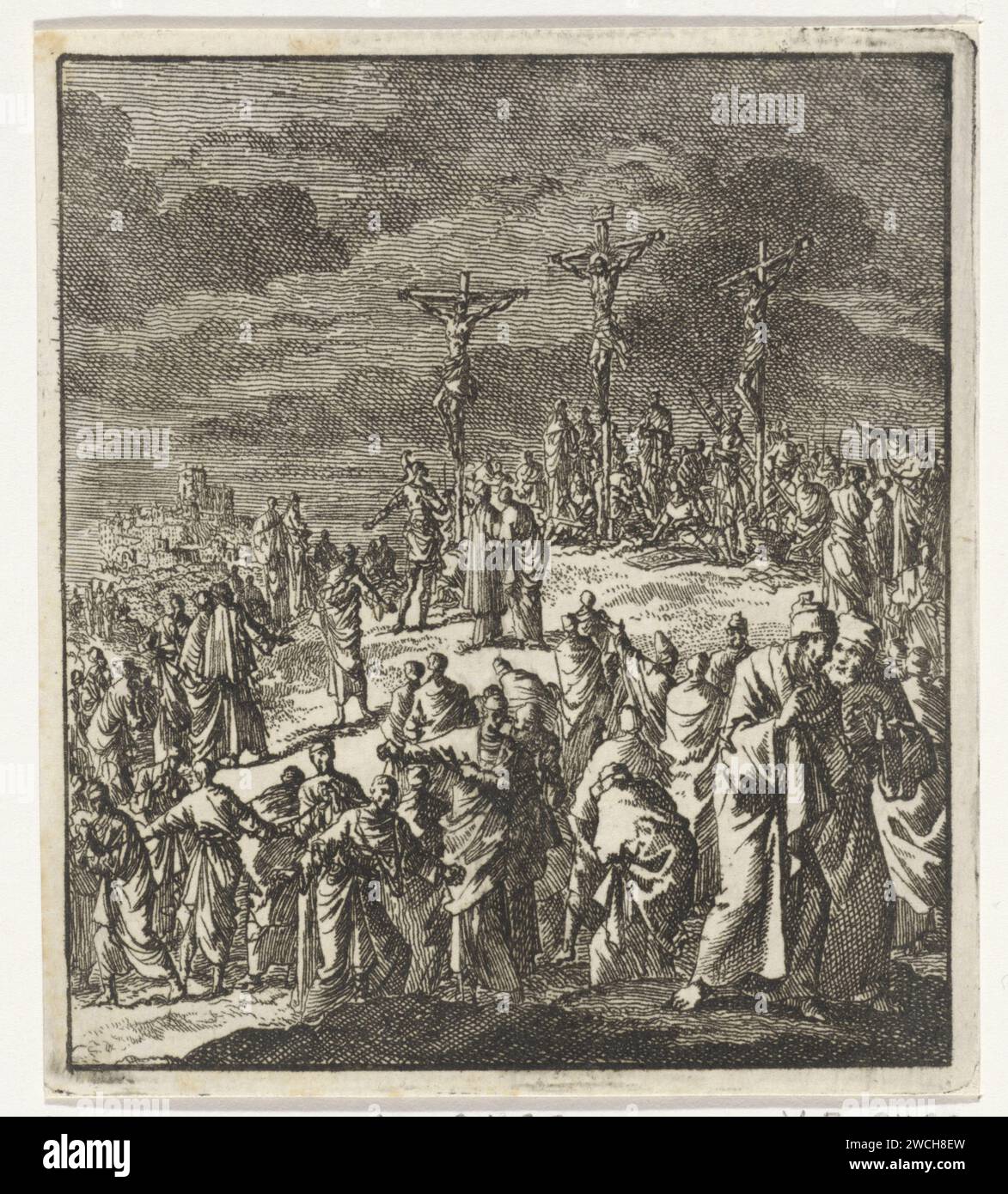 Tre croci su Golgotha, Jan Luyken, stampa del 1706 Amsterdam carta incisione / stampa tipografica Cristo crocifisso con altre persone - DD - le tre croci Foto Stock