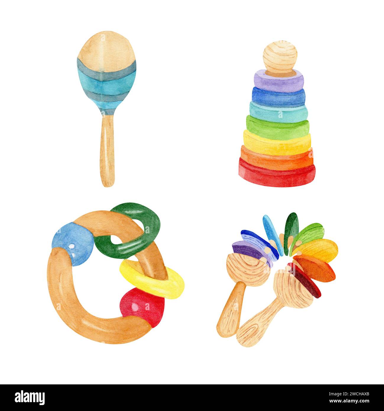 Un'illustrazione ad acquerello disegnata a mano con giocattoli di legno evidenziati su uno sfondo bianco: Una piramide, un maraca, un sonaglino, un anello dentizione. Foto Stock